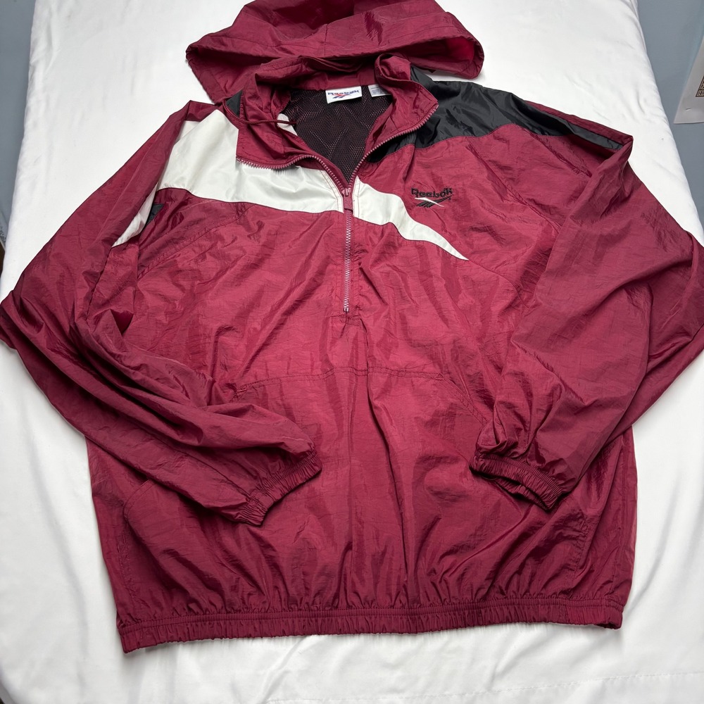 Vintage Reebok Windbreaker Jacket Maroon Colorblock Hooded Quarter Zip XL